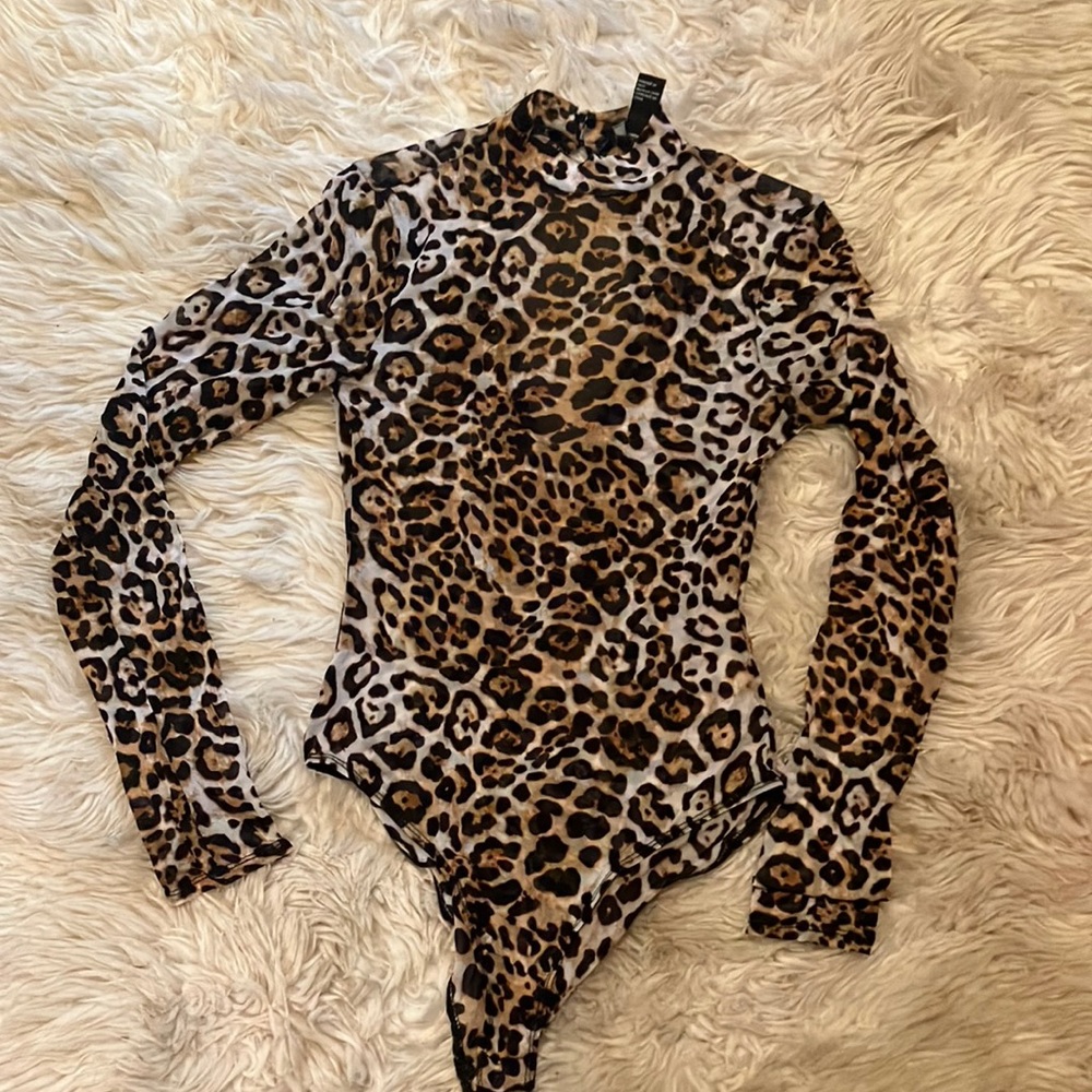 Leopard print mesh long sleeve bodysuit